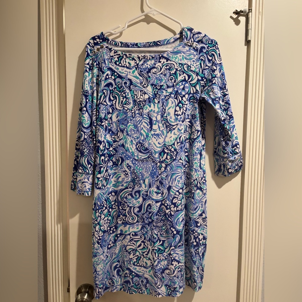 Lilly Pulitzer Blue and White Sheath Dress with Bateau Neckline
